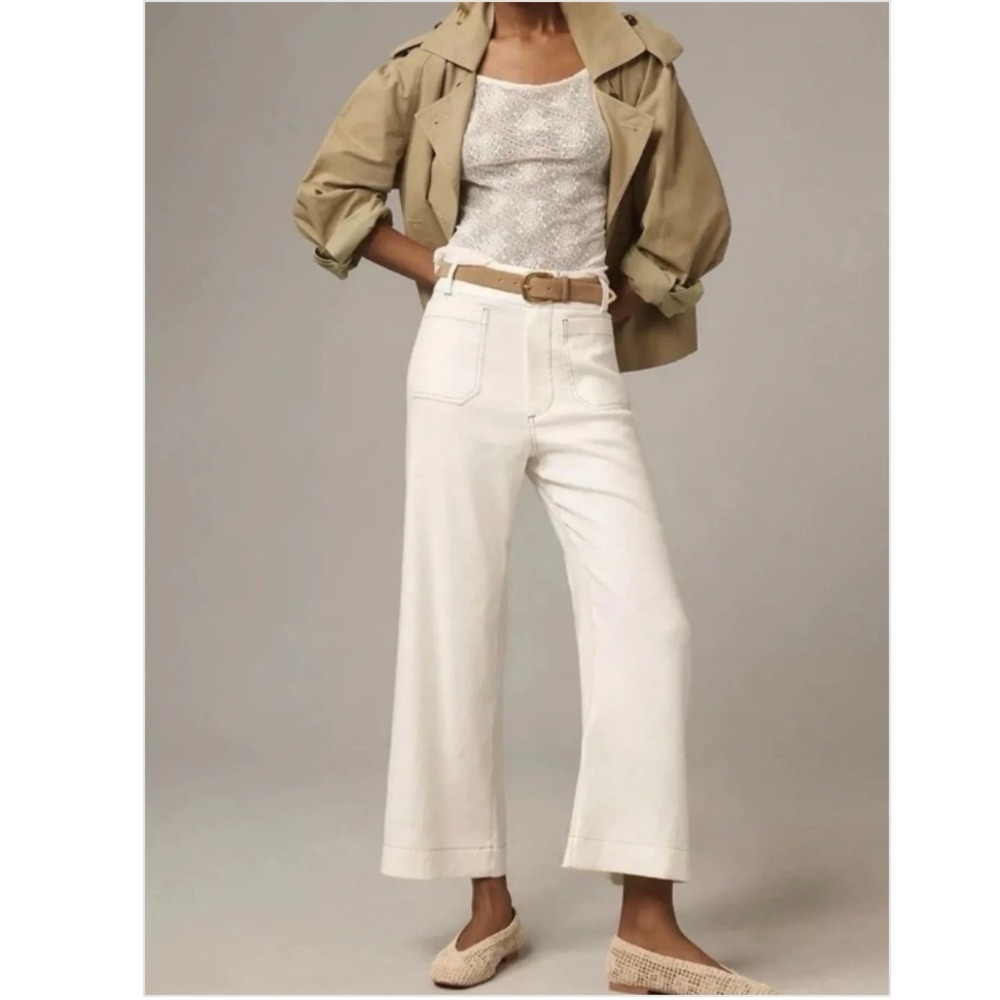 Maeve Anthro. Colette Wide High Rise Crop Pants 31x 24 Cream Linen Minimalist